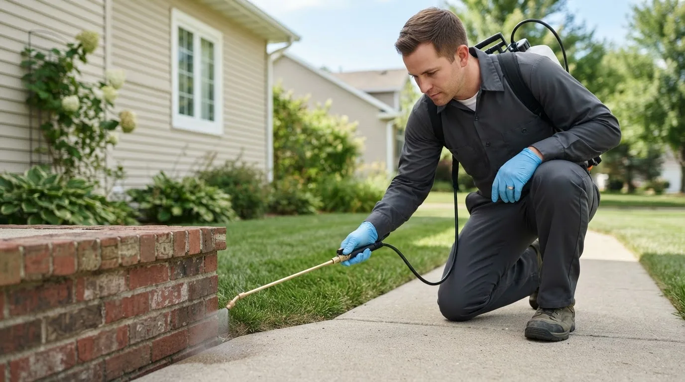 Pest control technician treating a home near Columbia, IA