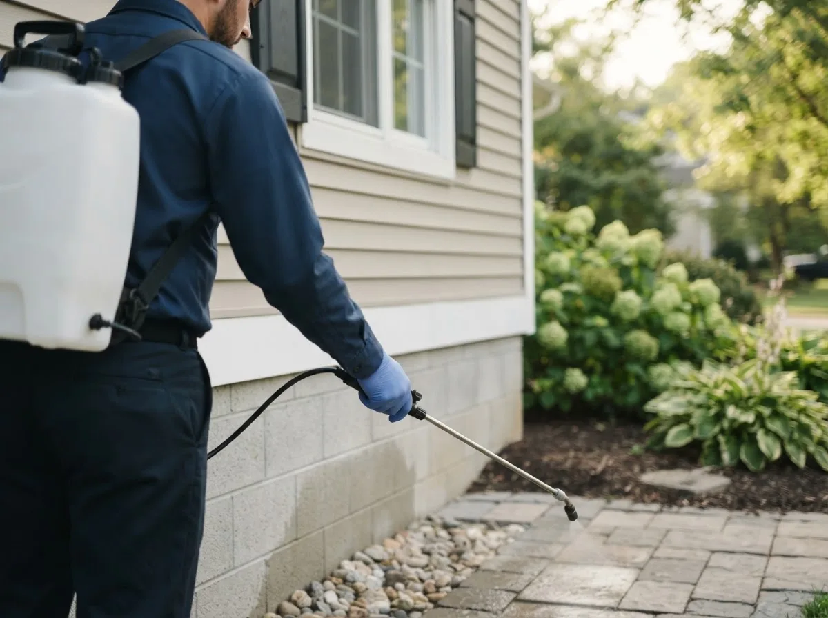 Pest control technician inspecting a home in Columbia, IA